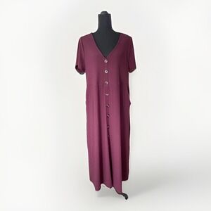 Torrid V Neck Button Front Plus Size‎ Maxi Dress Womens 1XL Burgundy Casual Fall